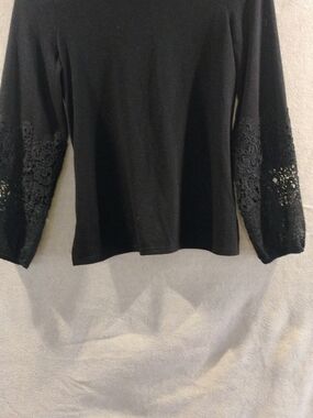 Women's Black Long-Sleeve Top with Lace Sleeve Detail